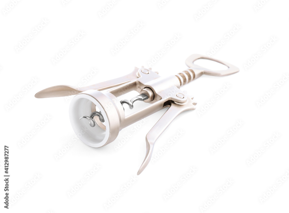 Stainless steel corkscrew isolated on white. Kitchen utensils Stainless steel corkscrew isolated on white. Kitchen utensils