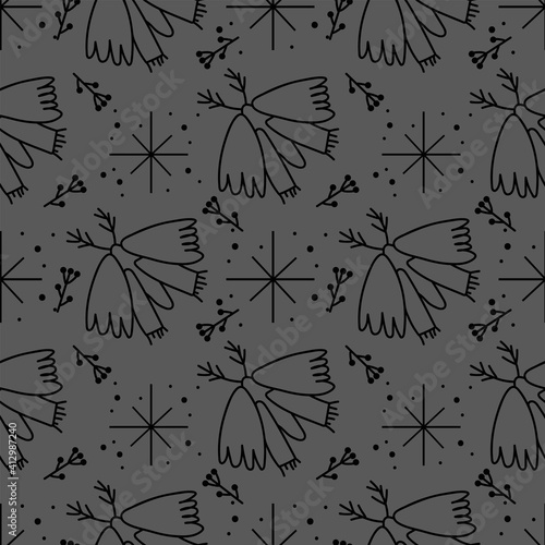 Seamless pattern in the style of doodle on a dark background with an illustration of a moth butterfly, stars, and branches with berries