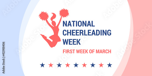 National Cheerleading week. Vector banner, poster, flyer, greeting card for social media. Silhouette of a bouncing cheerleader girl with pompoms, stars and text.