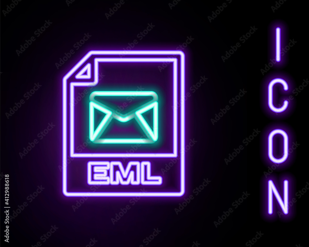 Glowing neon line EML file document. Download eml button icon isolated on black background. EML file symbol. Colorful outline concept. Vector. Glowing neon line EML file document. Download eml button icon isolated on black background. EML file symbol. Colorful outline concept. Vector.
