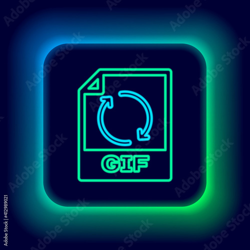 Glowing neon line GIF file document. Download gif button icon isolated on black background. GIF file symbol. Colorful outline concept. Vector.