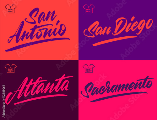 City vintage grange inscription. San Antonio, San Diego, Atlanta, Sacramento Vector illustration
