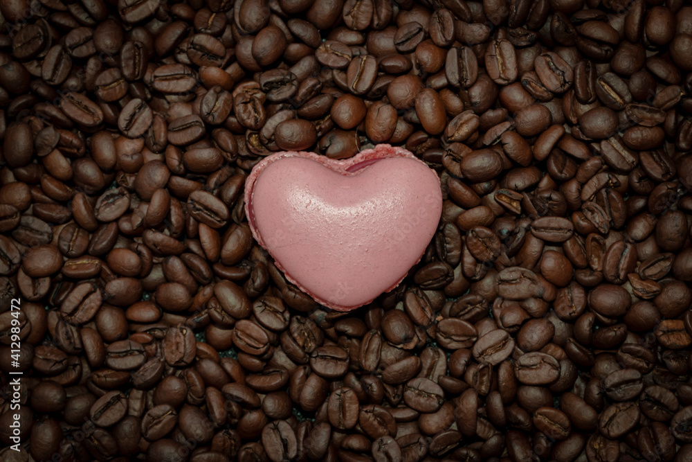 Heart shape macarons and coffee beans Heart shape macarons and coffee beans