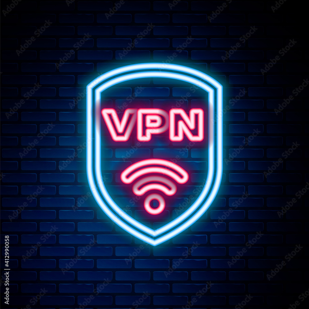 Glowing neon line Shield with VPN and wifi wireless internet network symbol icon isolated on brick wall background. VPN protect safety concept. Colorful outline concept. Vector. Glowing neon line Shield with VPN and wifi wireless internet network symbol icon isolated on brick wall background. VPN protect safety concept. Colorful outline concept. Vector.