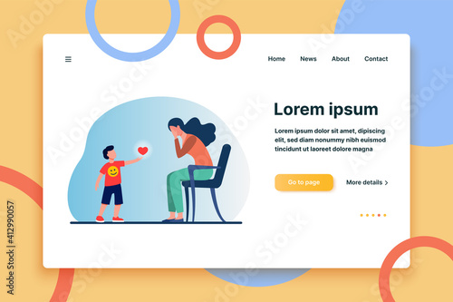 Little boy giving heart to sad mother. Love, care, childhood flat vector illustration. Relationship and family concept for banner, website design or landing web page