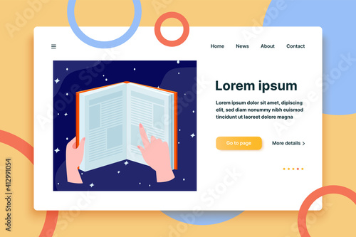Human hands holding open book. Book reading, stars, night sky background flat vector illustration. Knowledge, library, literature concept for banner, website design or landing web page