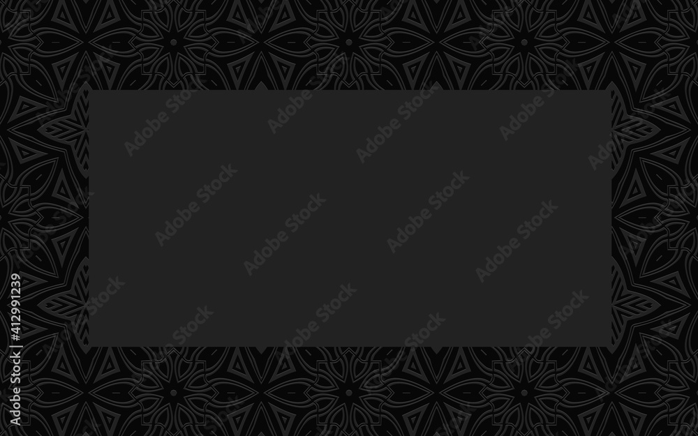 Ethnic geometric convex volumetric frame from 3D pattern.Black embossed background for text, advertising.