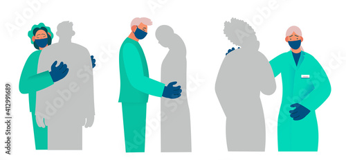 Healthcare workers supports and comforts the patient, compassion, reports something sad. Real emotions. Pain, sadness, despair. Flat cartoon vector illustration.