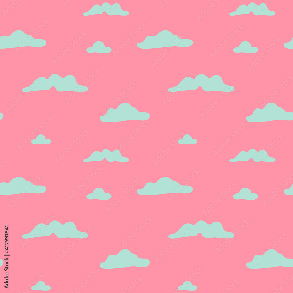 Vector seamless pattern in flat cartoon style, concept of sky at sunset with blue clouds. Vector seamless pattern in flat cartoon style, concept of sky at sunset with blue clouds.
