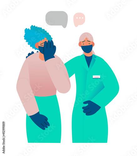 Healthcare worker supports and comforts the patient, compassion, reports something sad. Real emotions. Pain, sadness, despair. Flat cartoon vector illustration.