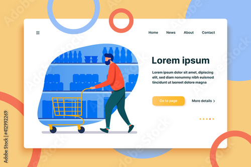 Man shopping in supermarket. Customer wheeling cart along aisles flat vector illustration. Grocery store, buying food concept for banner, website design or landing web page