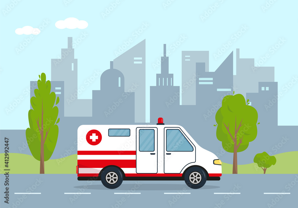 Ambulance car in city. Medical vehicle.