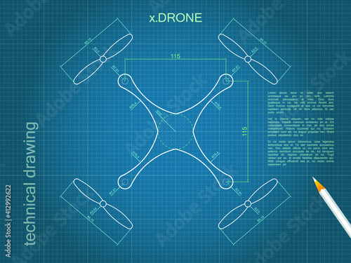 Technical drawing drone blue