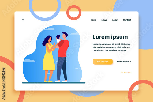 New parents taking care about baby together. Dad holding kid, mom reaching hands to child flat vector illustration. Parenthood, childcare concept for banner, website design or landing web page