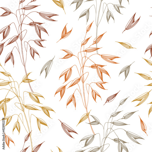 Vector seamless pattern with spikelets of oats, grain. hand drawn illustration. sketch. graphic style for label, package. Autumn harvest of cereals.