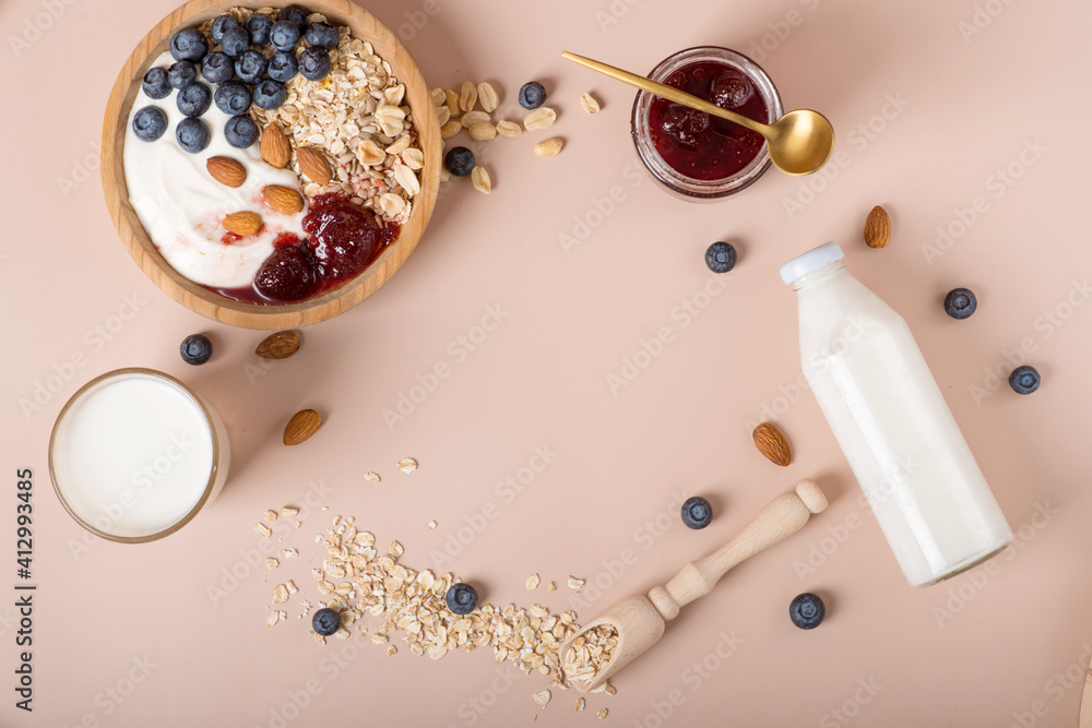 breakfast ingredients, oatmeal with berries and yoghurt breakfast ingredients, oatmeal with berries and yoghurt