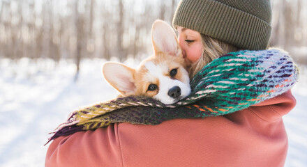 Young happy woman having fun in snowy winter park with Corgi baby dog