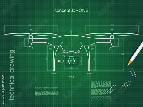 Technical drawing drone with green paper background