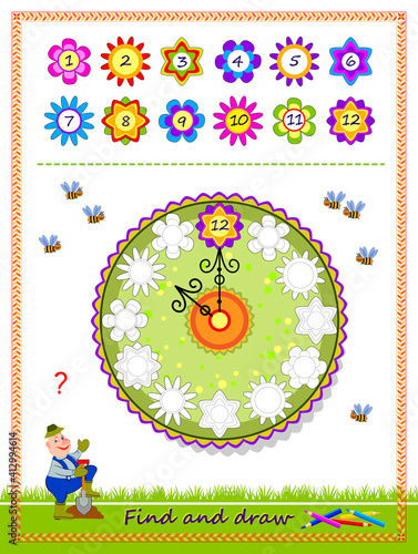 Educational game for kids. Find correct places for all numbers and draw the flower clock. Coloring book. Worksheet for children school textbook. Developing coloring and drawing skills. Play online.