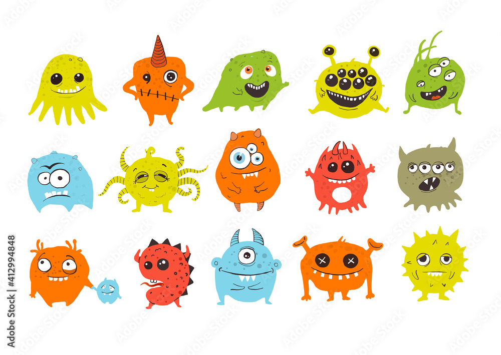 Cute colored Doodle monsters on white background. Germ doodles. Cute colored Doodle monsters on white background. Germ doodles.