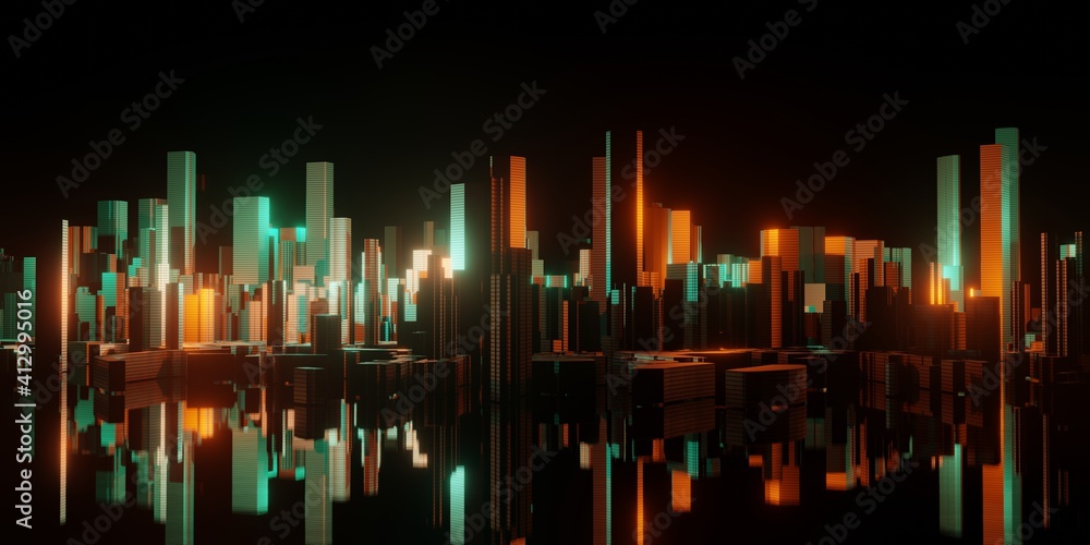 Fototapeta Drapacze chmur odbijają światła na wodzie w holograficznych neonowych kolorach. Futurystyczne budynki i świecące światła. Ilustracja renderowania 3D