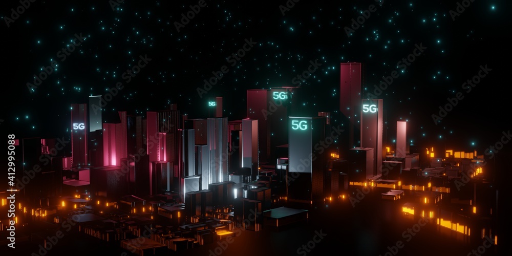 Aerial view of 5G city with skyscrapers in holographic neon colors. Futuristic buildings and glowing lights. 5G wireless communication in city 3D rendering illustration