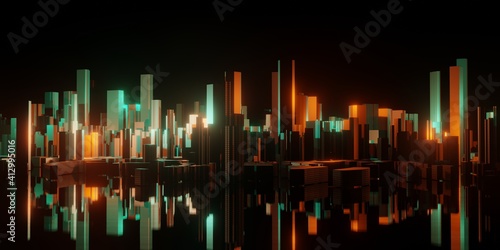 Wallpaper Mural Skyscrapers reflect lights on water in holographic neon colors. Futuristic buildings and glowing lights. 3D rendering illustration Torontodigital.ca
