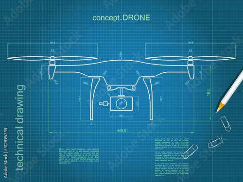 Technical drawing drone with blue paper background