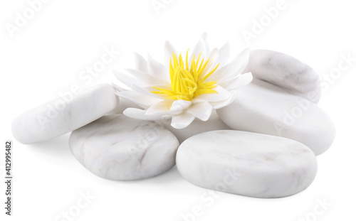 Beautiful lotus flower and stones on white background
