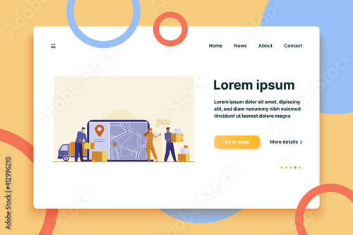 Online order delivery. Courier unloading van, carrying boxes near city map with pointer flat vector illustration. Shipment, logistics, service concept for banner, website design or landing web page
