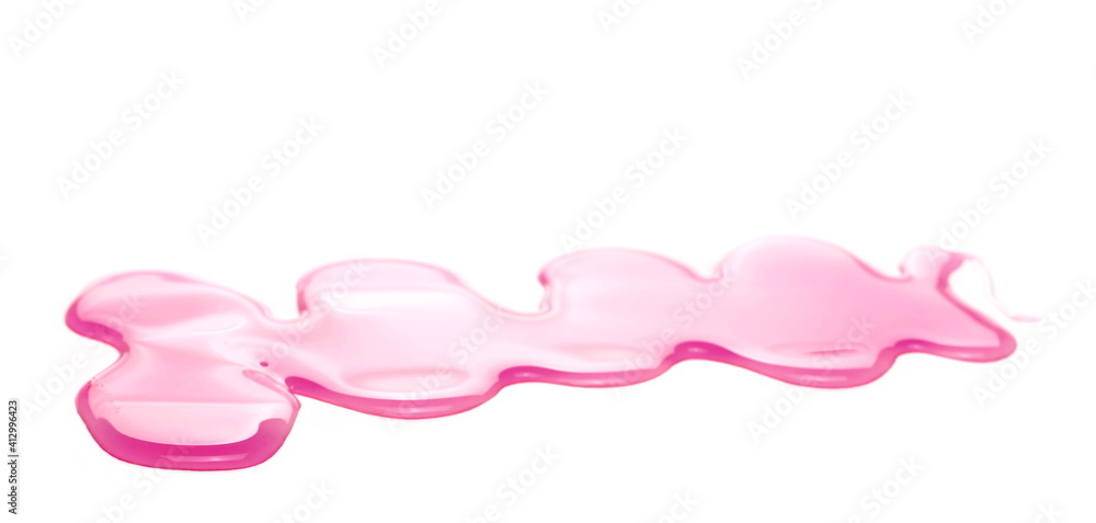 Light pink liquid, detergent puddle isolated on white background and texture, side view