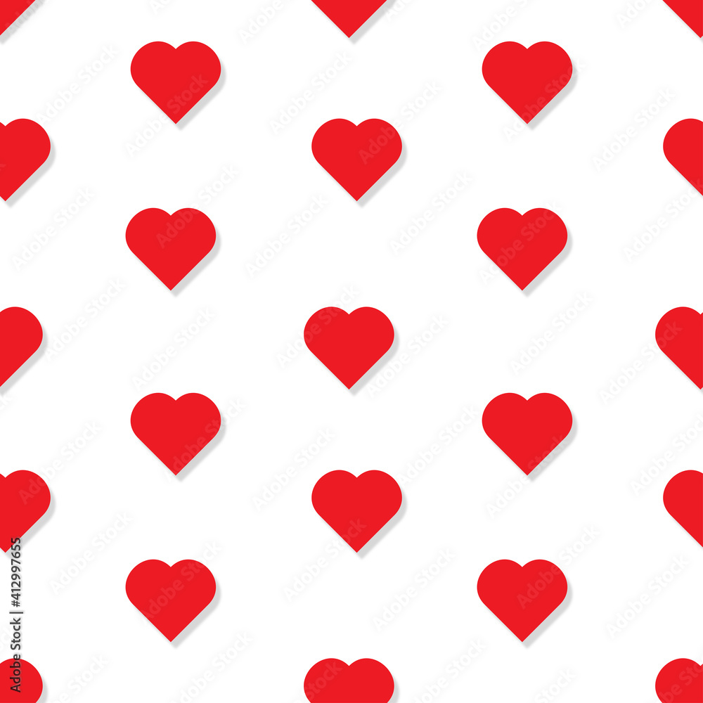 Valentines Day Hearts with shadows seamless pattern on white.