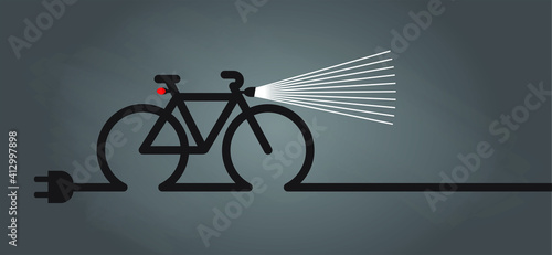 Cycling in the dark, with bicycle lights. World Bicycle day. Eco electric bicycle, e-bike charge sign. Electric plug, bike battery charger. Bikes on a bicycle parking, power station charging point sym