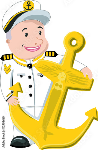 Captain of the ship holding his favourite golden anchor with mermaid