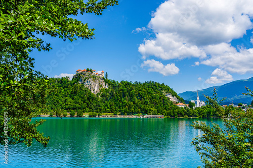 Bled castle in Slovenia on a hilltop surrounded by trees