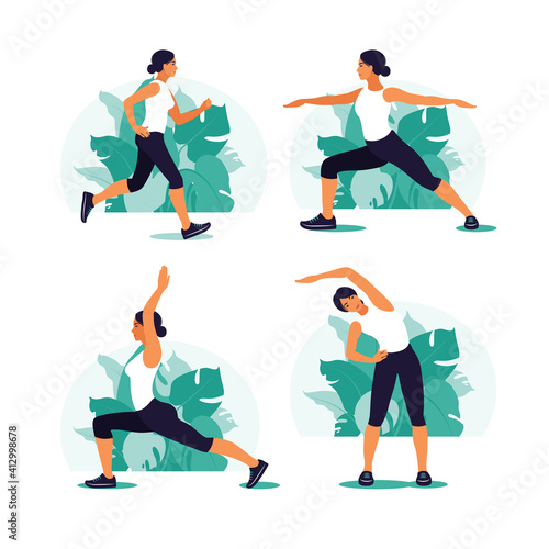 Woman exercising in the park. Outdoor sports. Healthy lifestyle and fitness concept. Vector illustration in flat style.