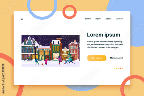 People celebrating Christmas. Families with kids sledging, playing snowballs, gifts flat vector illustration. Outdoor activity, winter, New Year concept for banner, website design or landing web page