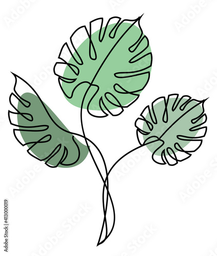 Flower branch monstera modern one line art style. Continuous line drawing, aesthetic outline for home decor, posters, wall art, stickers. Floral logo or icon vector illustration.