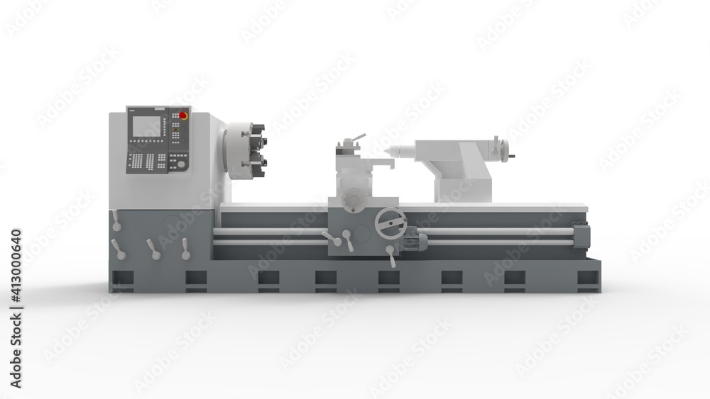 Lathe 3D rendering milling machine isolated in white studio background. Metal works Lathe 3D rendering milling machine isolated in white studio background. Metal works