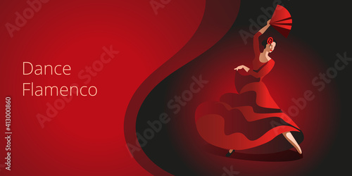 A slender woman with a fan dancing flamenco. The first screen template for the landing page.