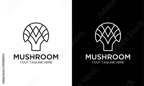 mushroom company line art simple and modern logo design inspiration on a black and white background.