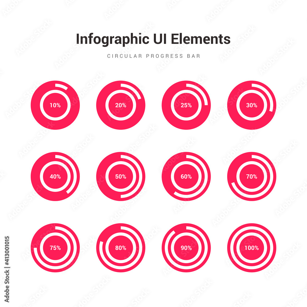 Circular loading bar infographic design element. Red bullseye percentage progress UI icon set. Circular loading bar infographic design element. Red bullseye percentage progress UI icon set.