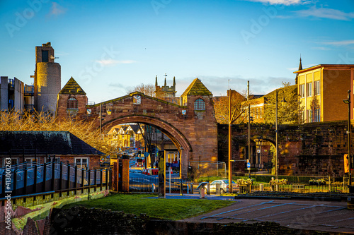 Old wall of Chester, a city in northwest England,  known for its extensive Roman walls made of local red sandstone photo