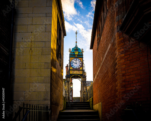 Eastgate clock of Chester, a city in northwest England,  known for its extensive Roman walls made of local red sandstone photo