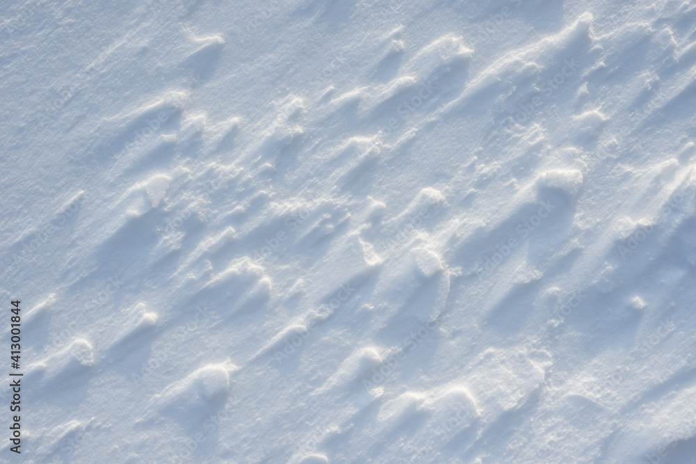 Fresh clean white snow background texture. Winter background with snowflakes and snow mounds. Snow lumps. Seasonal landscape details.