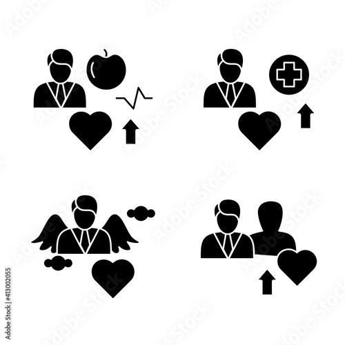 Personal growth glyph icons set. Consists of self knowledge, enhancing lifestyle, social relation, identifying potential. Filled flat signs. Isolated silhouette vector illustrations 