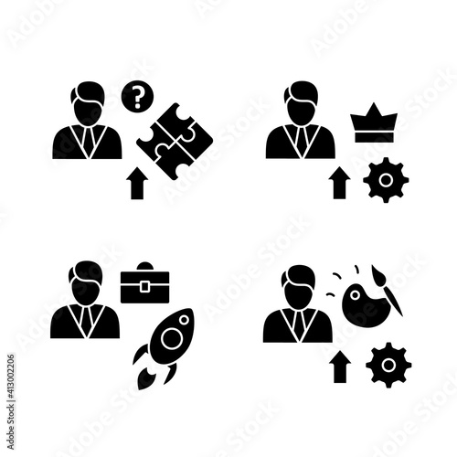 Personal growth glyph icons set. Consists of self knowledge, enhancing lifestyle, social relation, identifying potential. Filled flat signs. Isolated silhouette vector illustrations 