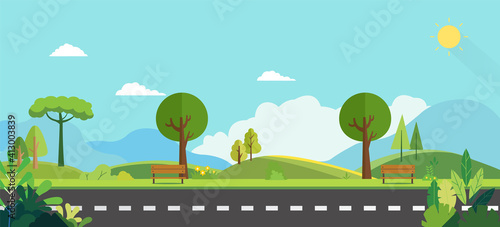 Public park with bench and nature background.Beautiful nature scene.Spring landscape with rural street.Sunny day with green garden