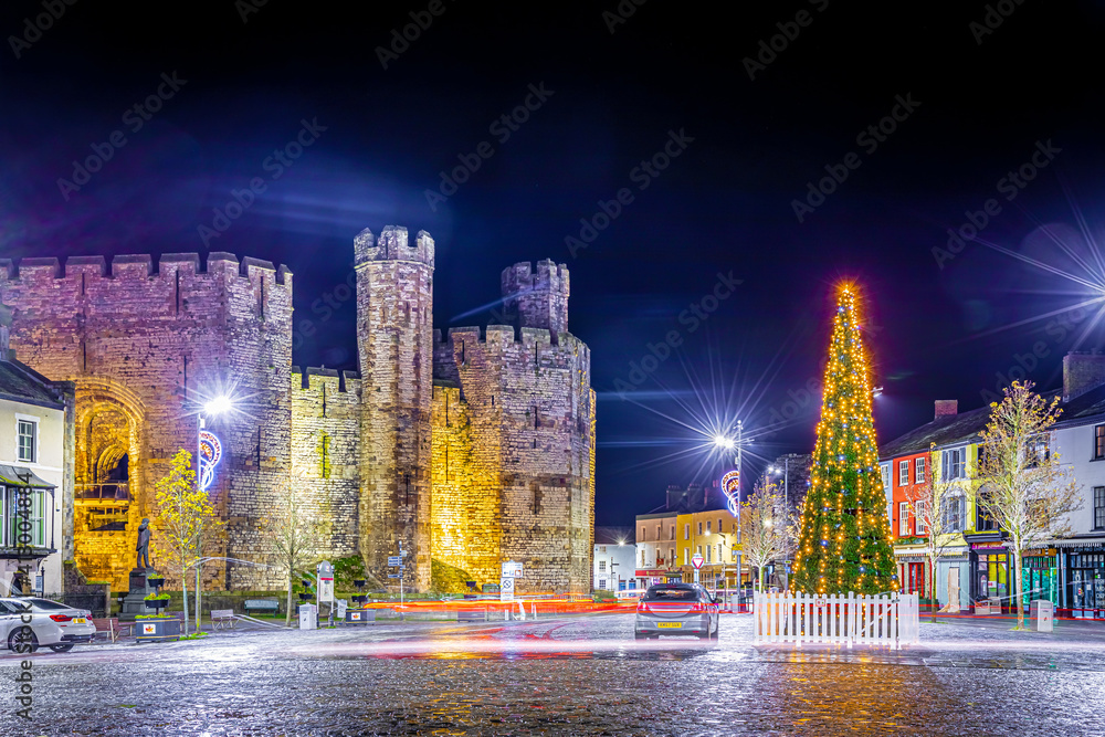 Long exposure view of Caernarfon Castle, a medieval fortress in