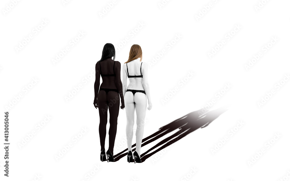 Two girls of different ethnicity hold hands. Two girls in lingerie on a white background. Two girls of different ethnicity hold hands. Two girls in lingerie on a white background.